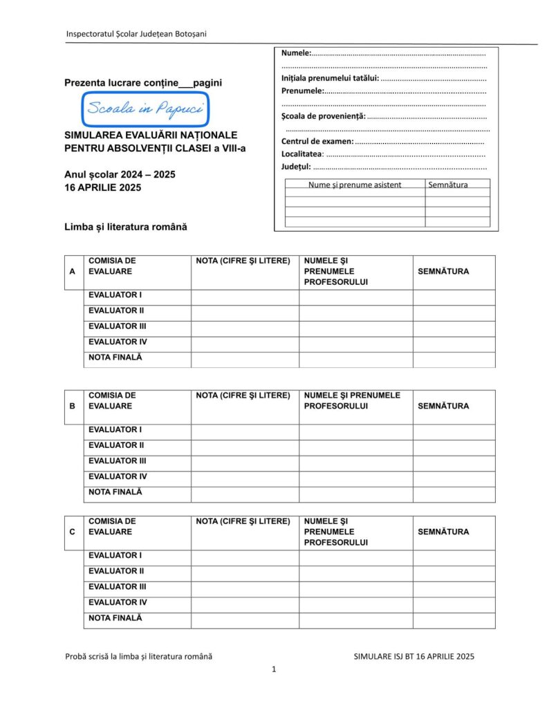 Simulare Evaluarea Națională 2025 - Limba și literatura română - Varianta 2 - 16 Aprilie 2025 - ISJ Botoșani 1