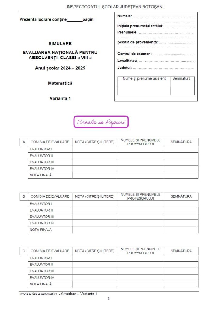 Simulare Evaluarea Națională 2025 - Matematică - Varianta 1 - 17 Aprilie 2025 - ISJ Botoșani 1
