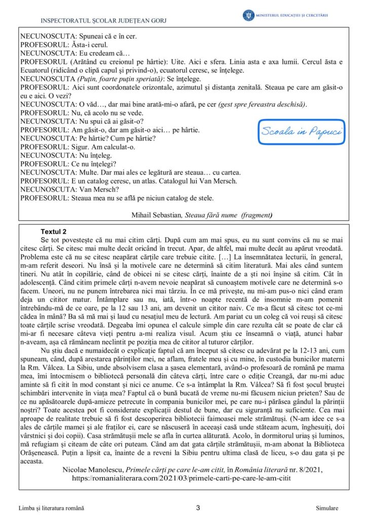 Simulare Evaluarea Națională 2025 - Limba și literatura română - 28 Aprilie 2025 - ISJ Gorj P3