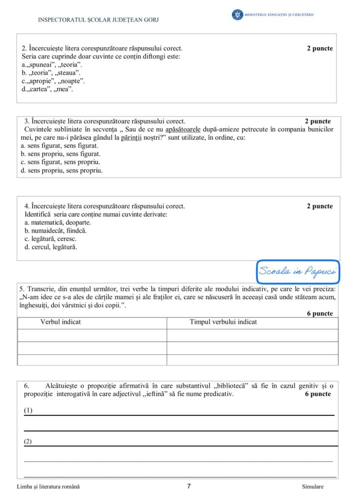 Simulare Evaluarea Națională 2025 - Limba și literatura română - 28 Aprilie 2025 - ISJ Gorj P7