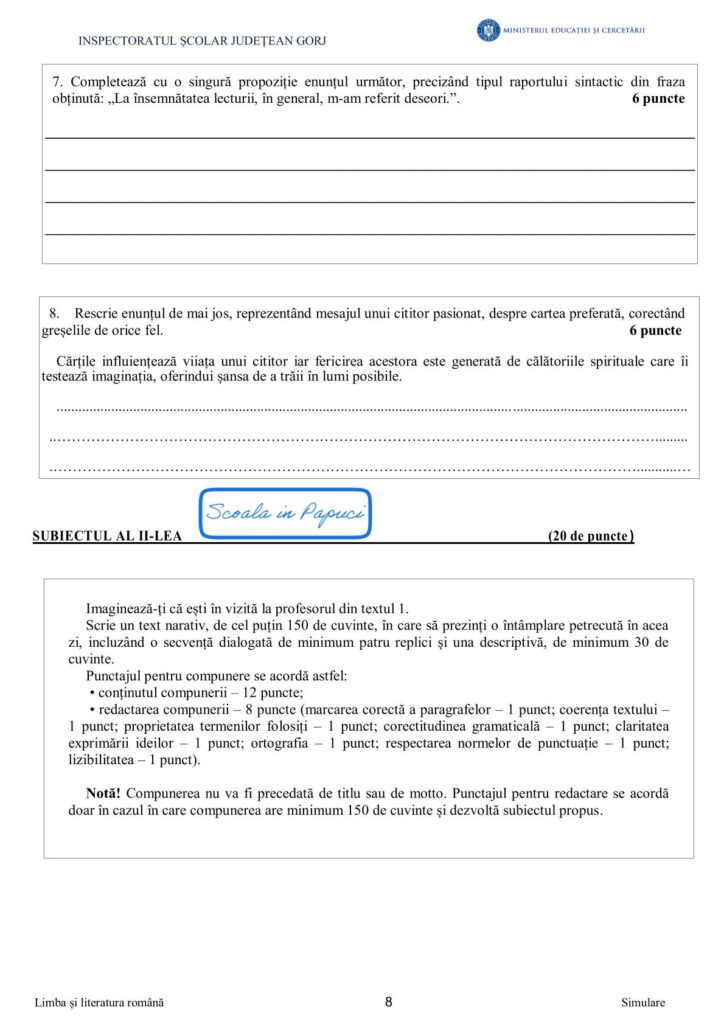 Simulare Evaluarea Națională 2025 - Limba și literatura română - 28 Aprilie 2025 - ISJ Gorj P8