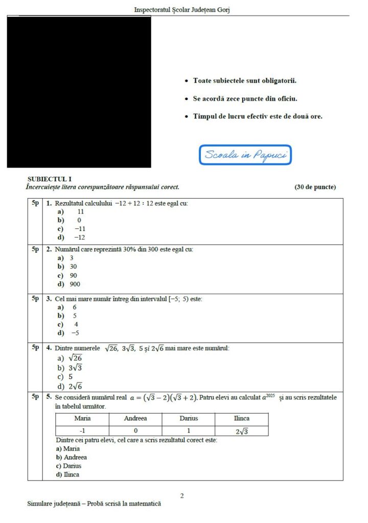 Simulare Evaluarea Națională 2025 - Matematică - 29 Aprilie 2025 - ISJ Gorj P2