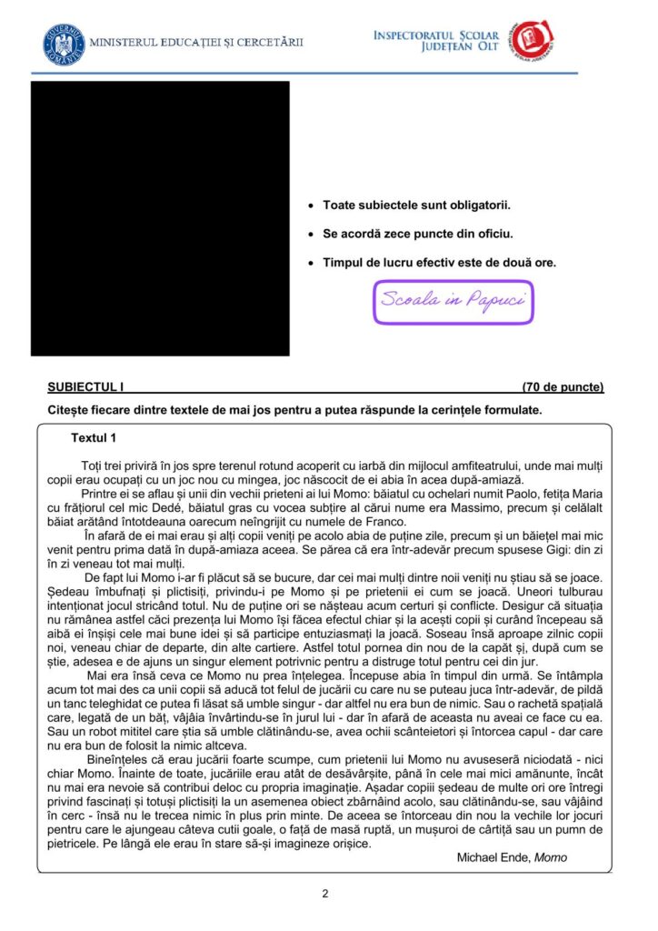 Simulare Evaluarea Națională 2025 - Limba și literatura română - 22 Ianuarie 2025 - ISJ Olt 2