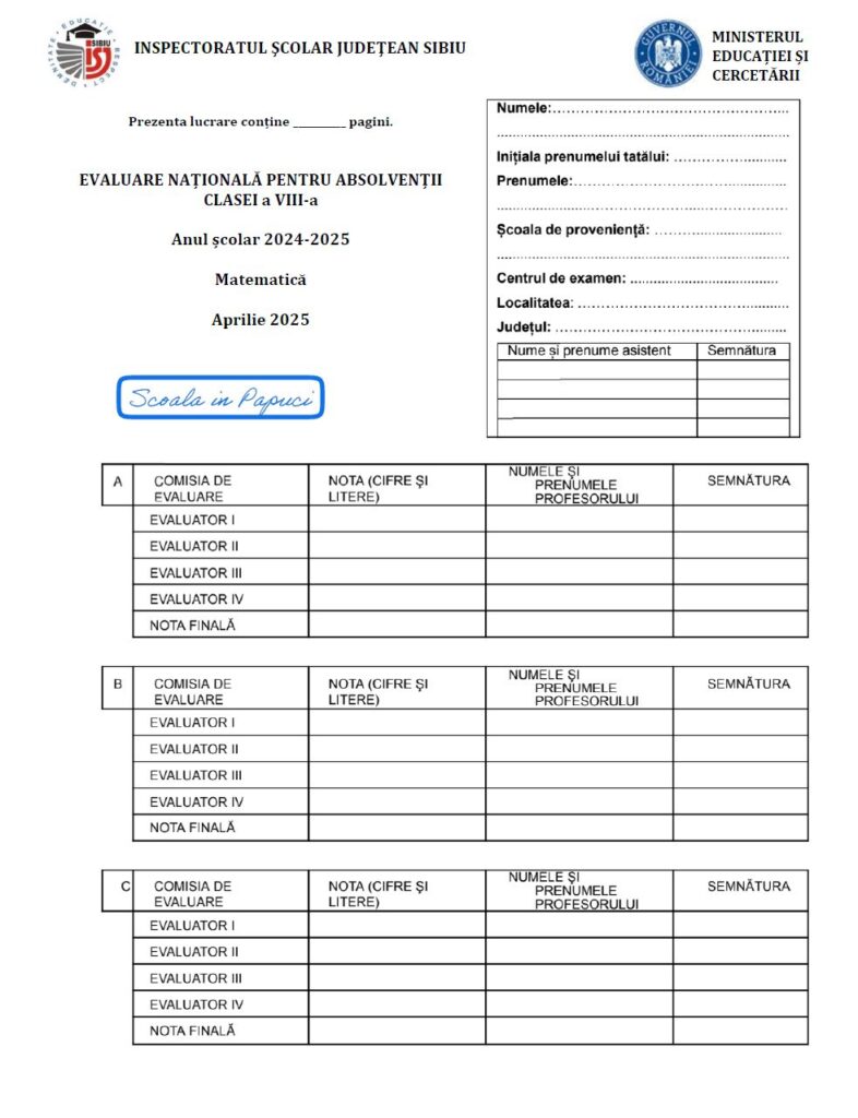 Simulare Evaluarea Națională 2025 - Matematică - 10 Aprilie 2025 - ISJ Sibiu P1