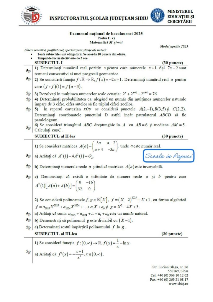 Subiect Simulare Bacalaureat 2025 - Matematică M_st-naturii - 10 Aprilie 2025 - ISJ Sibiu P1