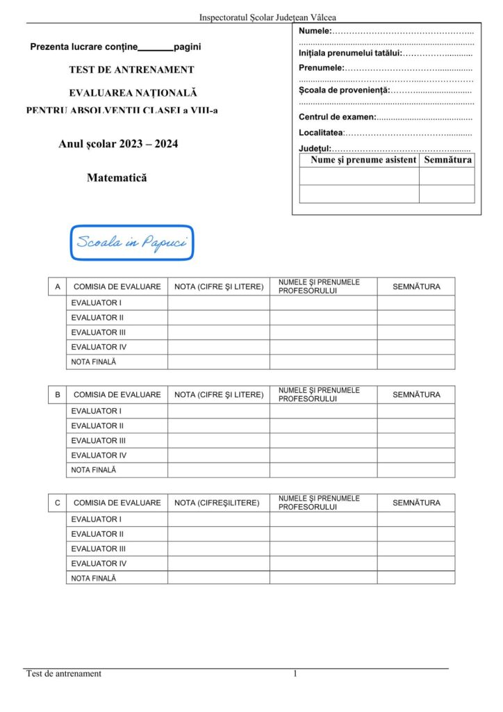 Simulare Evaluarea Națională 2024 - Matematică - 26 Ianuarie 2024 - ISJ Vâlcea P1