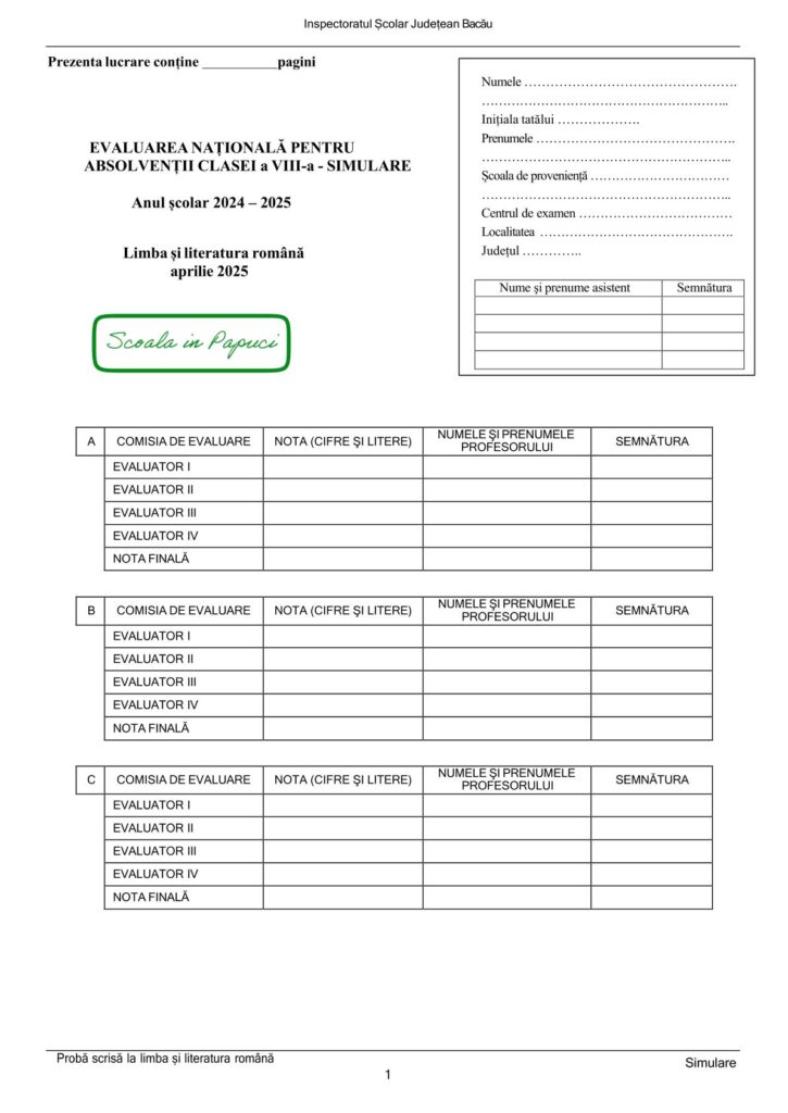 Simulare Evaluarea Națională 2025 - Limba și literatura română - 29 Aprilie 2025 - ISJ Bacău - P1