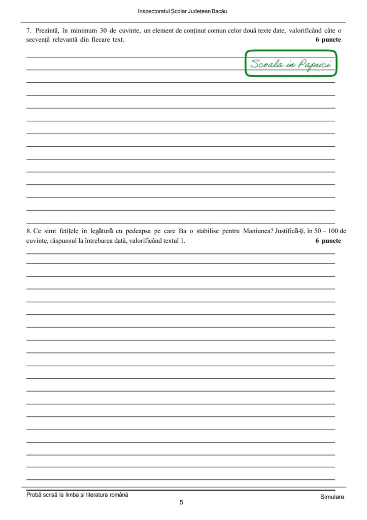 Simulare Evaluarea Națională 2025 - Limba și literatura română - 29 Aprilie 2025 - ISJ Bacău - P5
