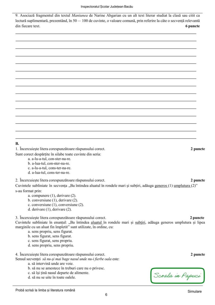 Simulare Evaluarea Națională 2025 - Limba și literatura română - 29 Aprilie 2025 - ISJ Bacău - P6