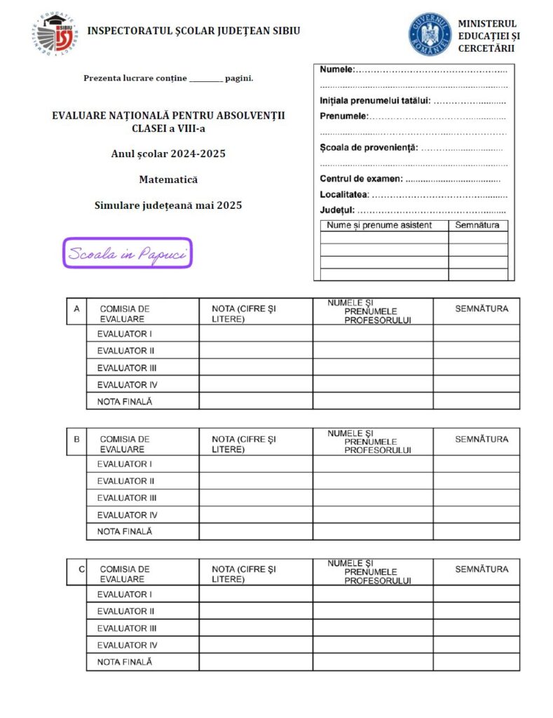 Simulare Evaluarea Națională 2025 - Matematică - 12 Mai 2025 - ISJ Sibiu - P1