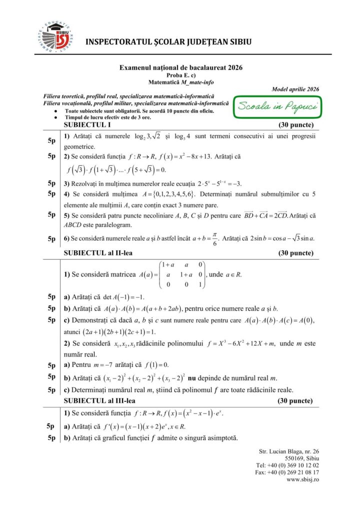 Subiect Simulare Bacalaureat 2026 - Matematică M_mate-info - 16 Aprilie 2026 - ISJ Sibiu - P1
