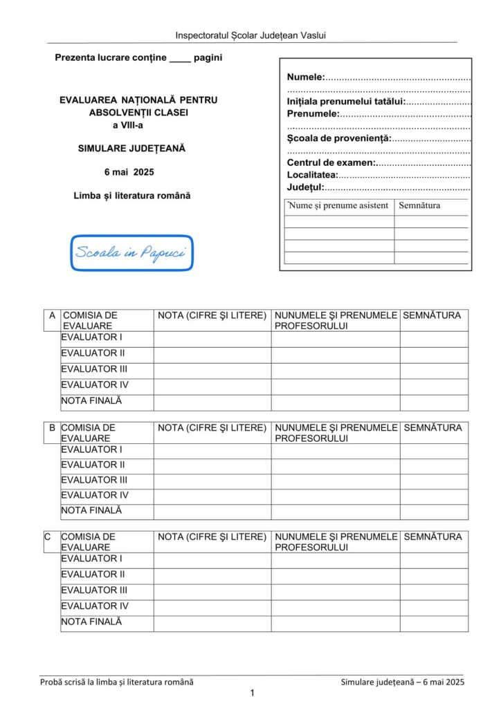 Simulare Evaluarea Națională 2025 - Limba și literatura română - 6 Mai 2025 - ISJ Vaslui - P1
