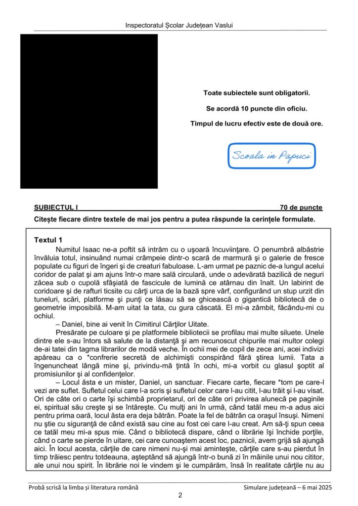 Simulare Evaluarea Națională 2025 - Limba și literatura română - 6 Mai 2025 - ISJ Vaslui - P2