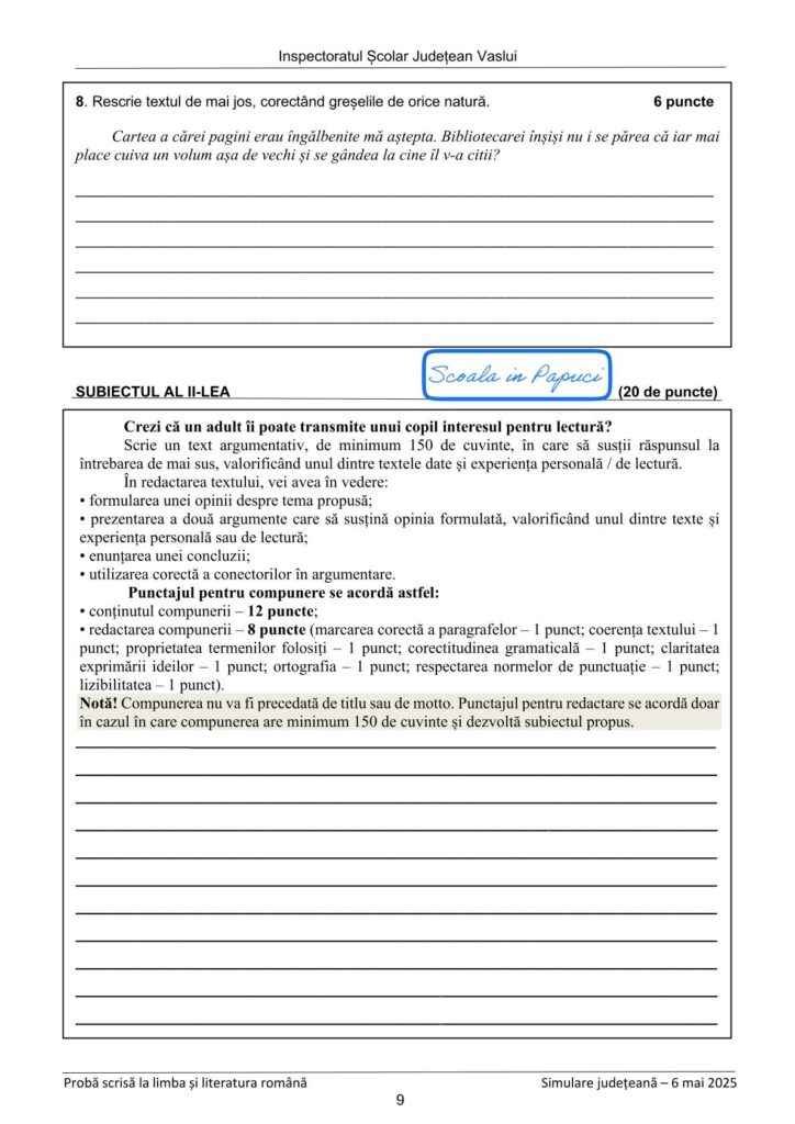 Simulare Evaluarea Națională 2025 - Limba și literatura română - 6 Mai 2025 - ISJ Vaslui - P9