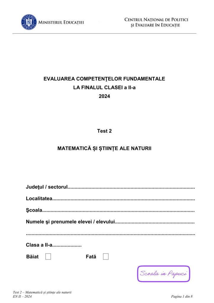 Subiect EN II 2024: Matematică și știinte ale naturii - Test 2 - 16 Mai 2024 - P1