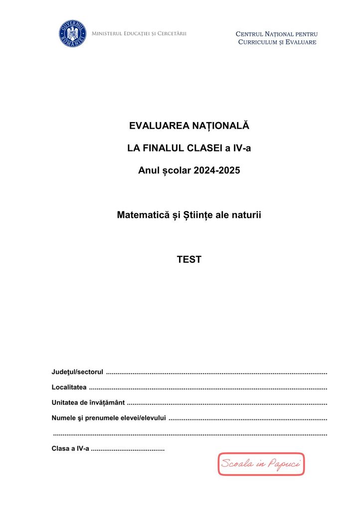 Subiect EN IV 2025: Matematică și Științe ale naturii - 21 Mai 2025 - P1