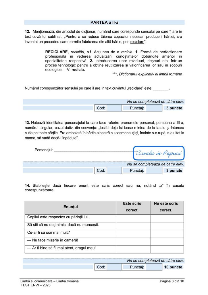 Subiect EN VI 2025: Limbă și comunicare – Limba română - 27 Mai 2025 - P8