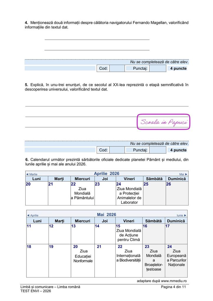 Subiect EN VI 2026: Limbă și comunicare – Limba română - 26 Mai 2026 - P4