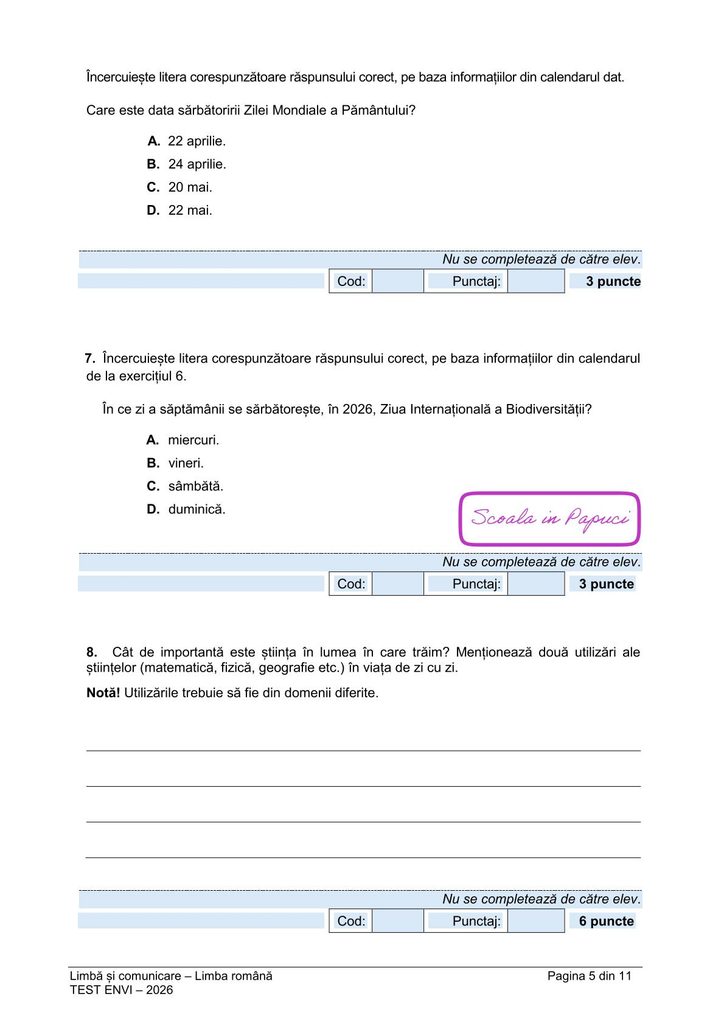 Subiect EN VI 2026: Limbă și comunicare – Limba română - 26 Mai 2026 - P5