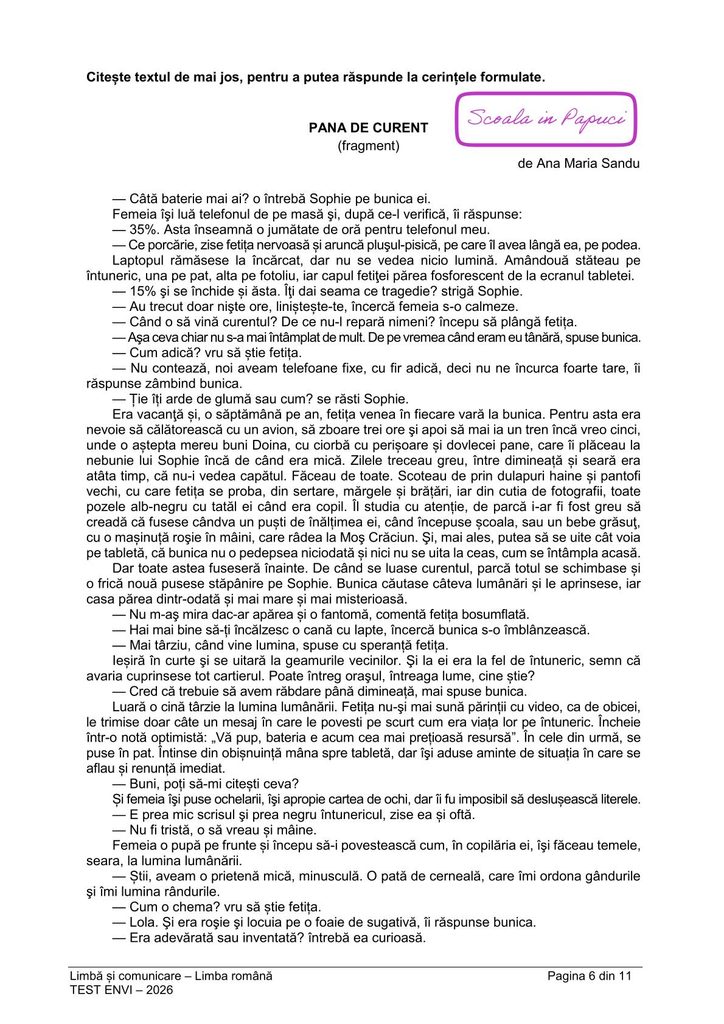 Subiect EN VI 2026: Limbă și comunicare – Limba română - 26 Mai 2026 - P6