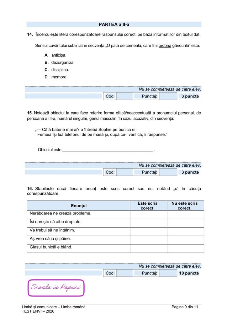 Subiect EN VI 2026: Limbă și comunicare – Limba română - 26 Mai 2026 - P9