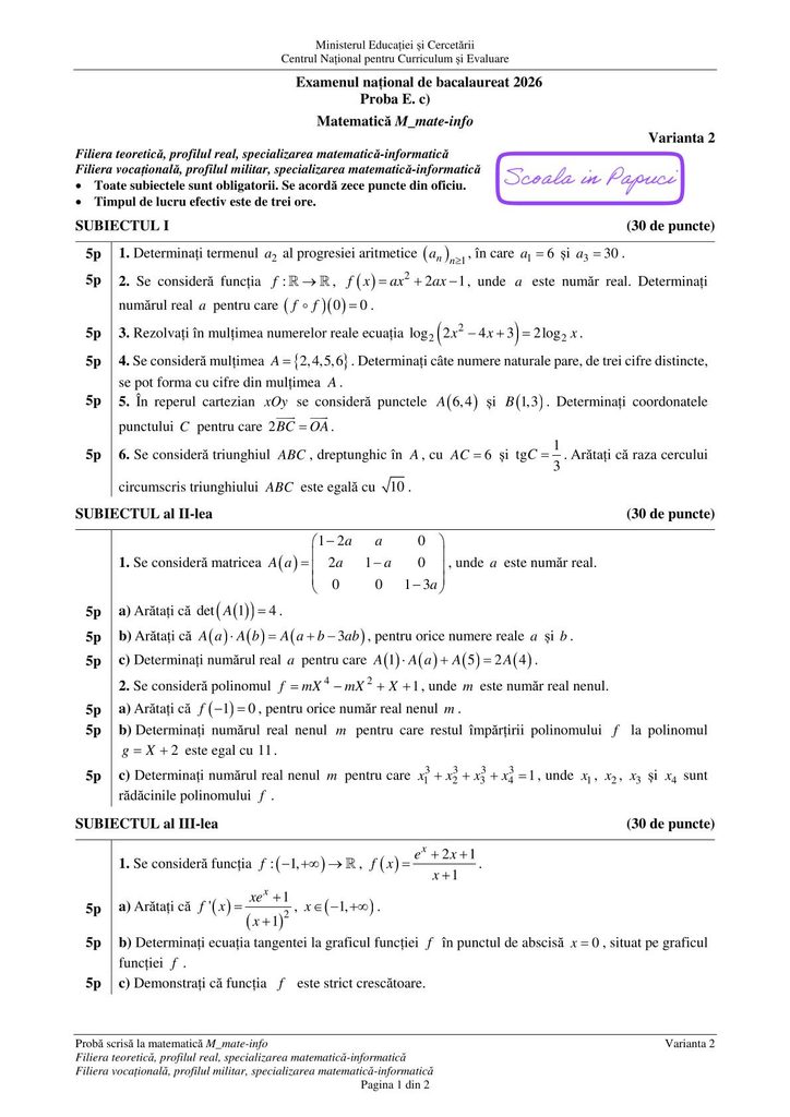 Sesiunea specială - Bacalaureat 2026 - Matematică M_mate-info - 19 Mai 2026 - P1