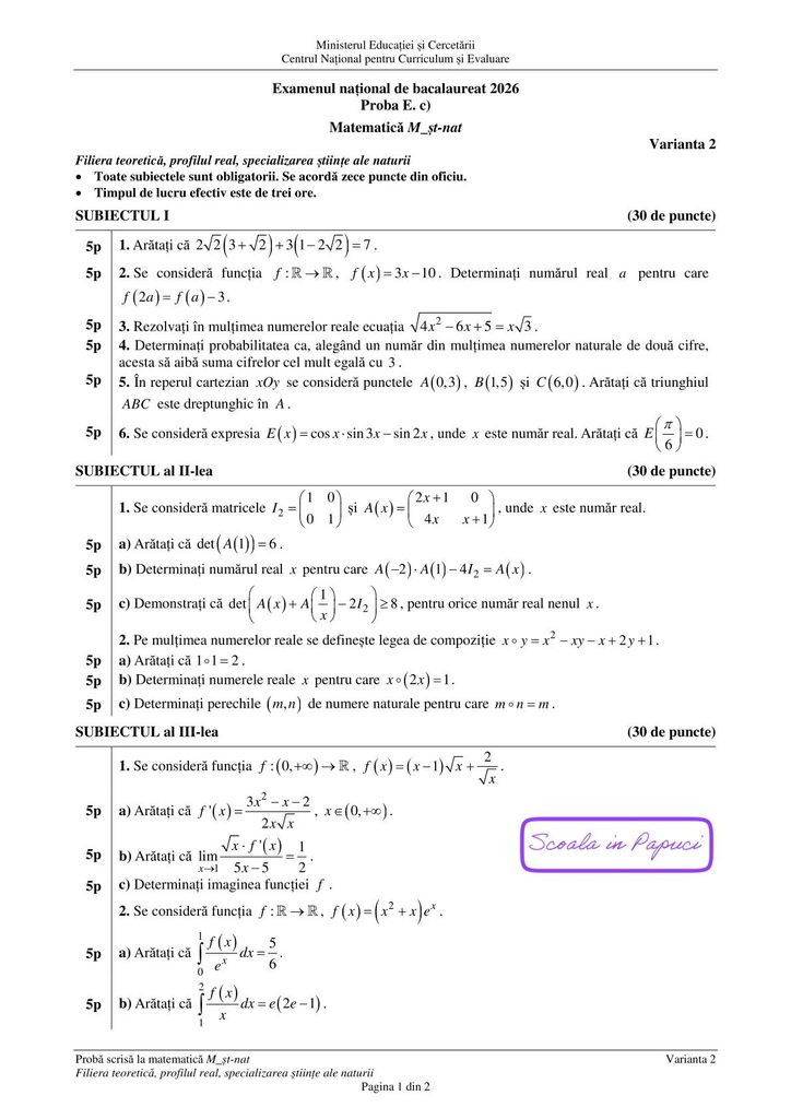 Sesiunea specială - Bacalaureat 2026 - Matematică M_st-naturii - 19 Mai 2026 - P1