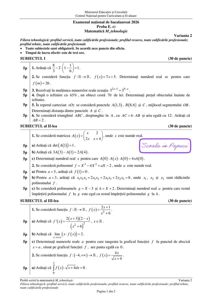 Sesiunea specială - Bacalaureat 2026 - M_tehnologic - 19 Mai 2026 - P1