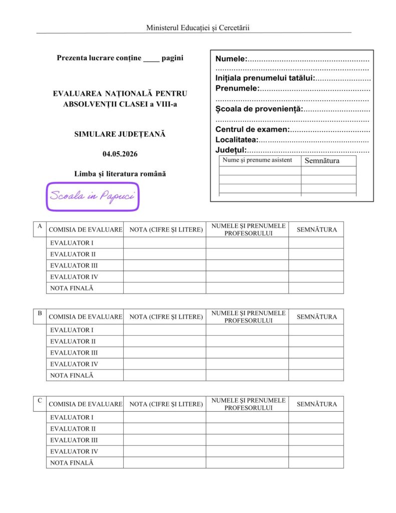 Simulare Evaluarea Națională 2026 - Limba și literatura română - Varianta 1 - 4 Mai 2026 - ISJ Botoșani - P1