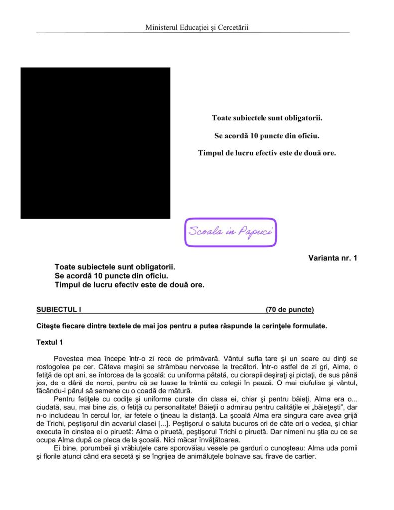 Simulare Evaluarea Națională 2026 - Limba și literatura română - Varianta 1 - 4 Mai 2026 - ISJ Botoșani - P2