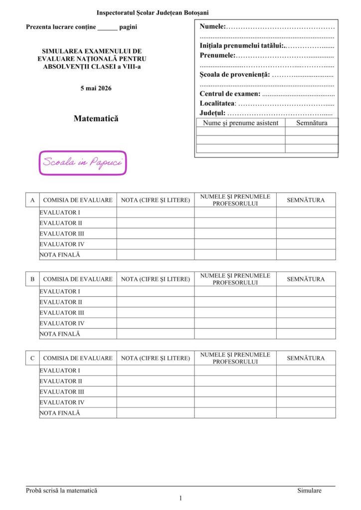 Simulare Evaluarea Națională 2026 - Matematică - Varianta 1 - 5 Mai 2026 - ISJ Botoșani - P1