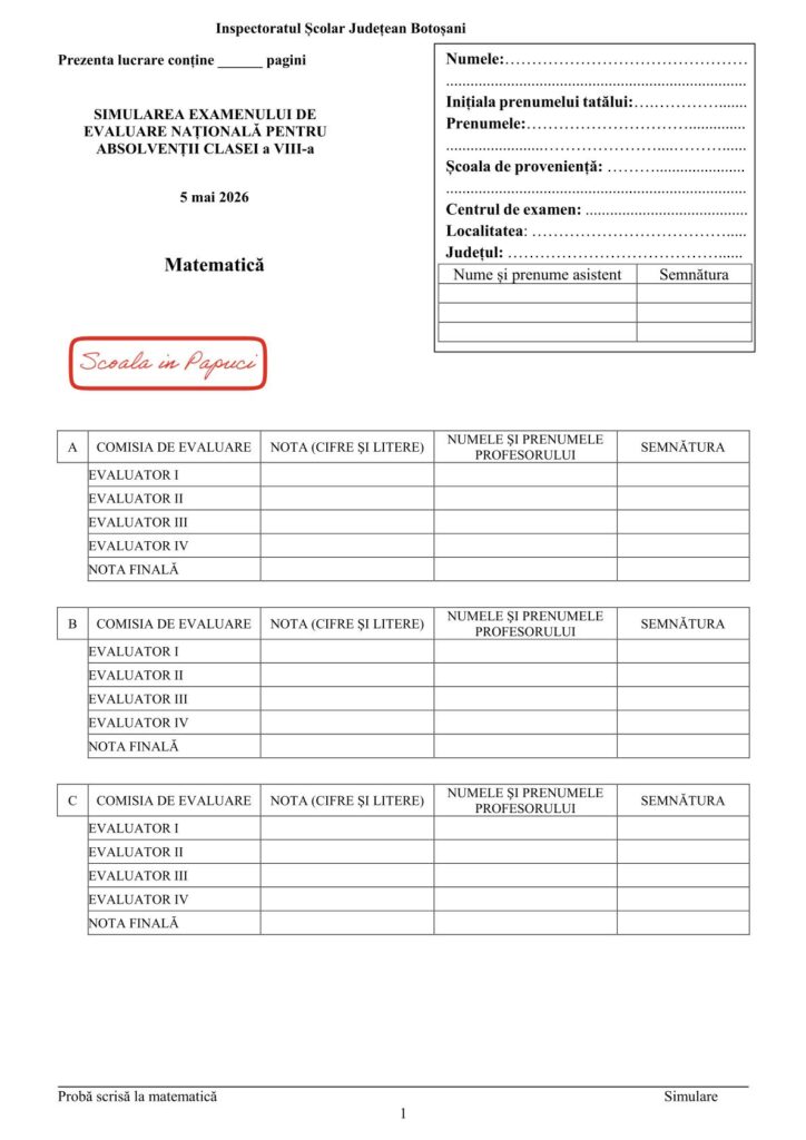 Simulare Evaluarea Națională 2026 - Matematică - Varianta 2 - 5 Mai 2026 - ISJ Botoșani - P1