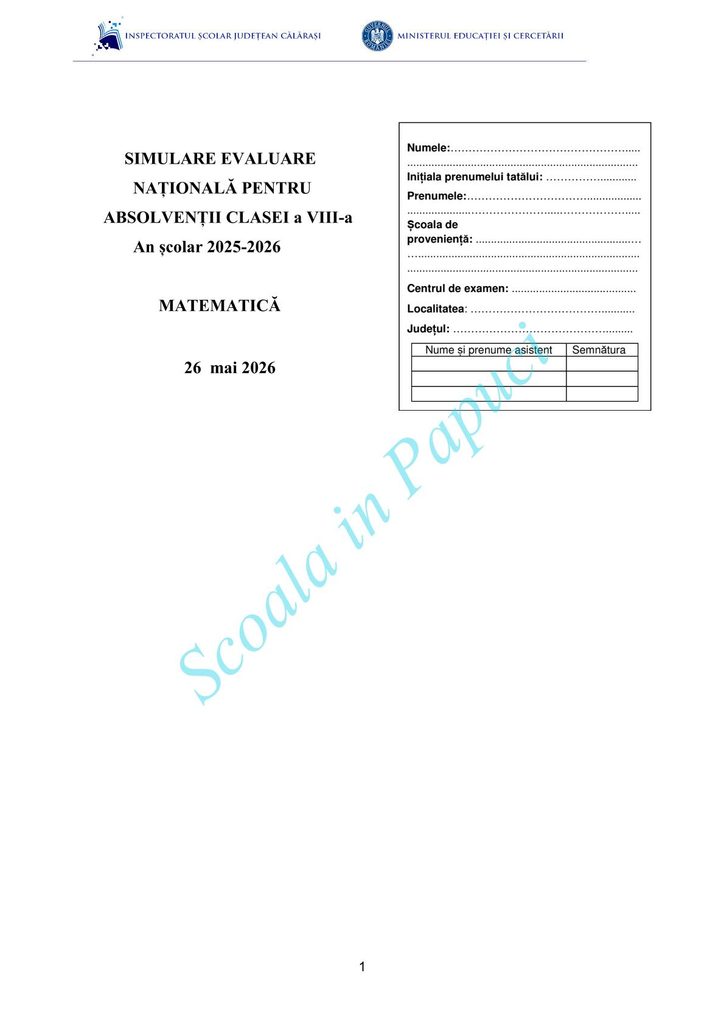 Simulare Evaluarea Națională 2026 - Matematică - 26 Mai 2026 - ISJ Călărași - P1