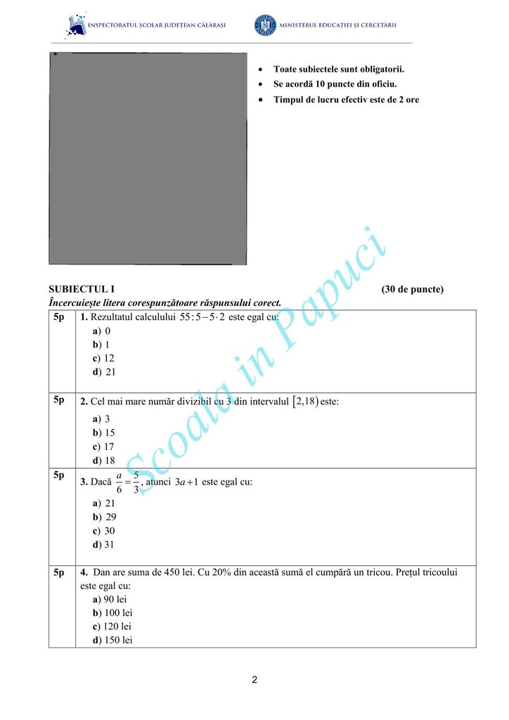 Simulare Evaluarea Națională 2026 - Matematică - 26 Mai 2026 - ISJ Călărași - P2