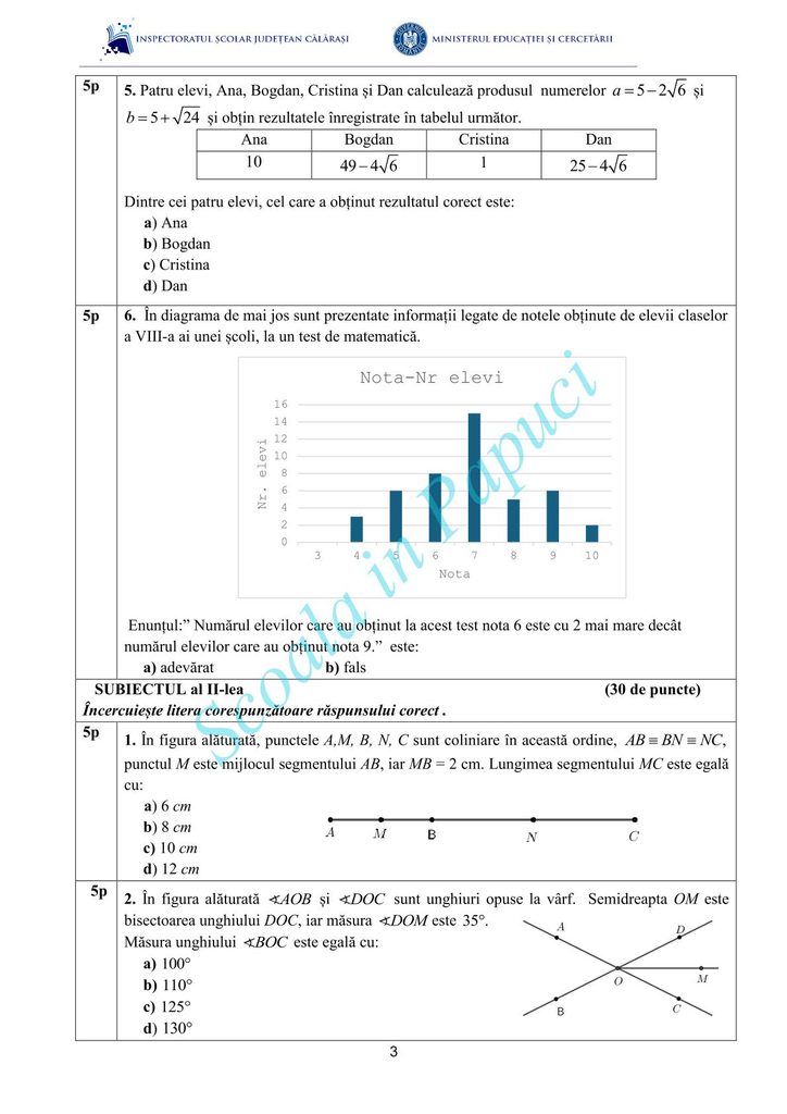 Simulare Evaluarea Națională 2026 - Matematică - 26 Mai 2026 - ISJ Călărași - P3
