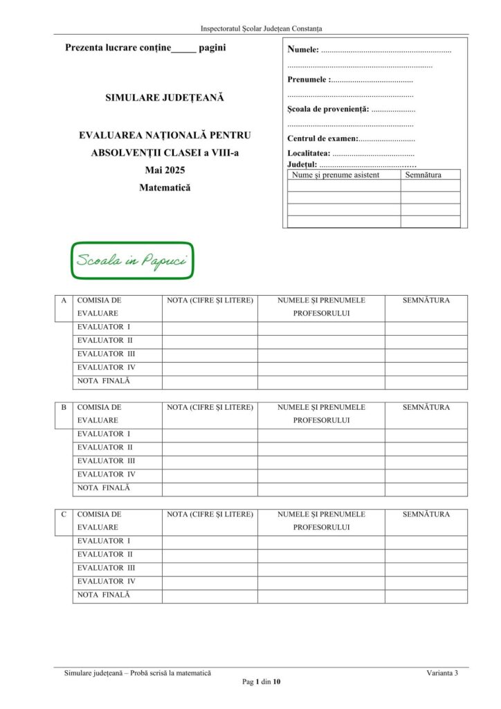 Simulare Evaluarea Națională 2025 - Matematică - 7 Mai 2025 - ISJ Constanța - P1