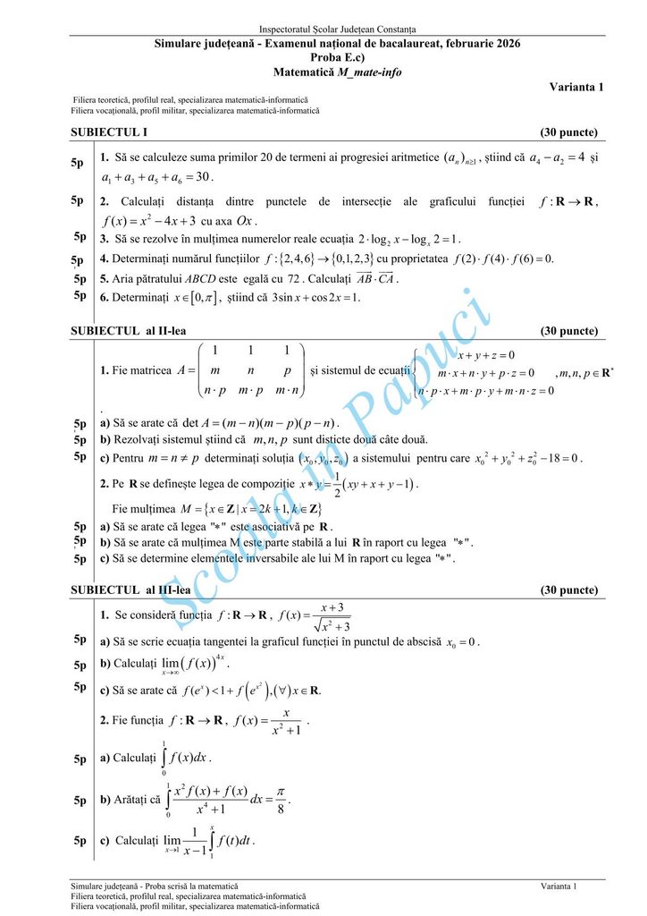 Subiect Simulare Bacalaureat 2026 - Matematică M_mate-info - Varianta 1 - 12 Februarie 2026 - ISJ Constanța