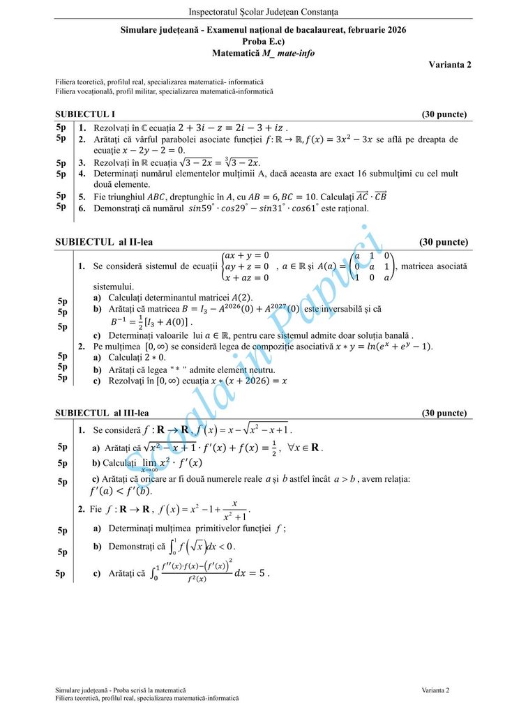 Subiect Simulare Bacalaureat 2026 - Matematică M_mate-info - Varianta 2 - 12 Februarie 2026 - ISJ Constanța