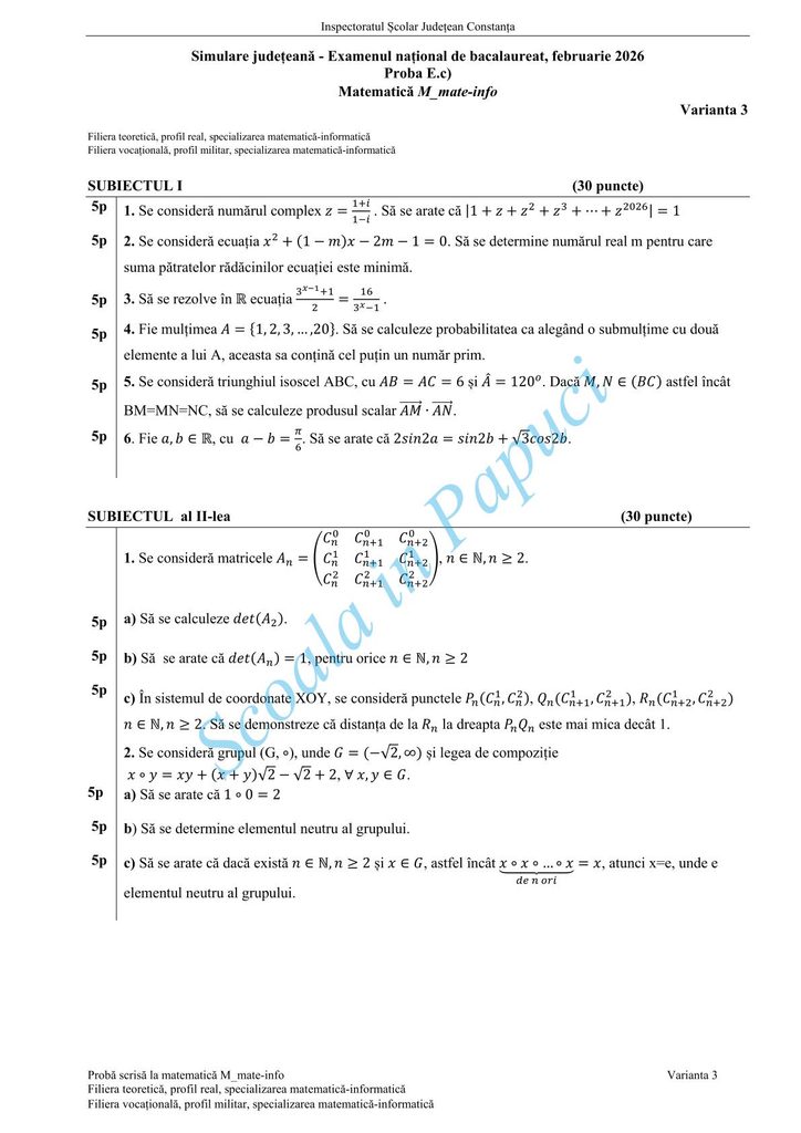 Subiect Simulare Bacalaureat 2026 - Matematică M_mate-info - Varianta 3 - 12 Februarie 2026 - ISJ Constanța - P1