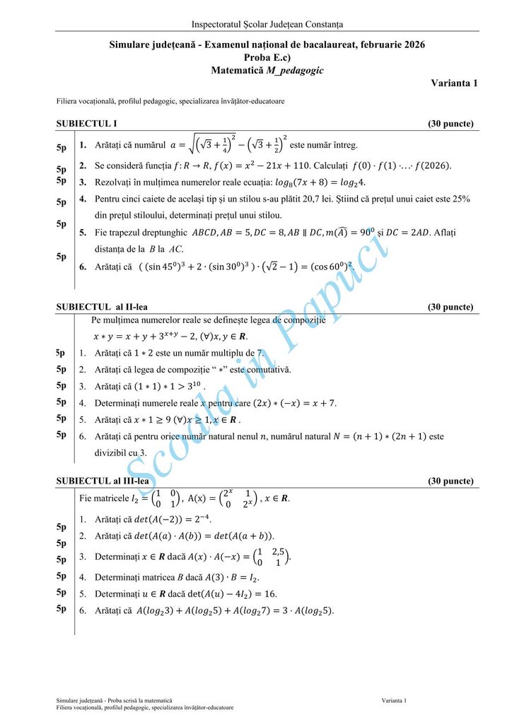 Subiect Simulare Bacalaureat 2026 - Matematică M_pedagogic - Varianta 1 - 12 Februarie 2026 - ISJ Constanța