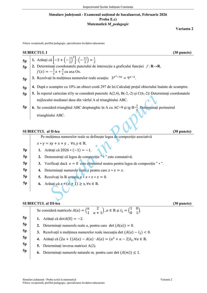Subiect Simulare Bacalaureat 2026 - Matematică M_pedagogic - Varianta 2 - 12 Februarie 2026 - ISJ Constanța