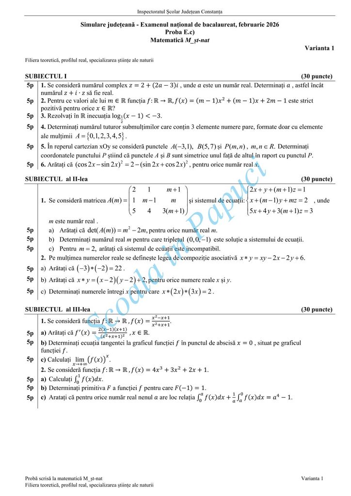 Subiect Simulare Bacalaureat 2026 - Matematică M_st-naturii - Varianta 1 - 12 Februarie 2026 - ISJ Constanța