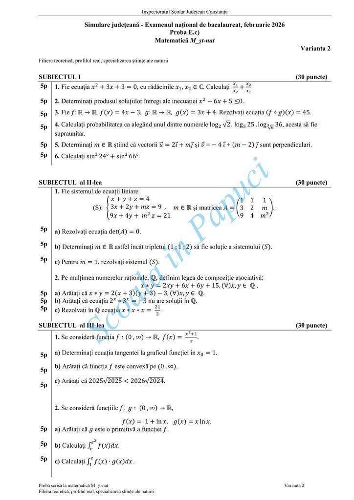 Subiect Simulare Bacalaureat 2026 - Matematică M_st-naturii - Varianta 2 - 12 Februarie 2026 - ISJ Constanța