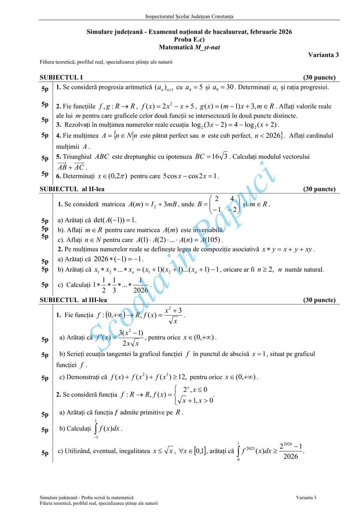 Subiect Simulare Bacalaureat 2026 - Matematică M_st-naturii - Varianta 3 - 12 Februarie 2026 - ISJ Constanța