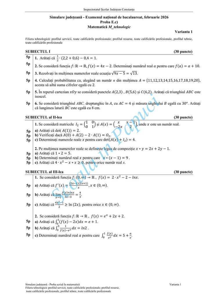 Subiect Simulare Bacalaureat 2026 - Matematică M_tehnologic - Varianta 1 - 12 Februarie 2026 - ISJ Constanța