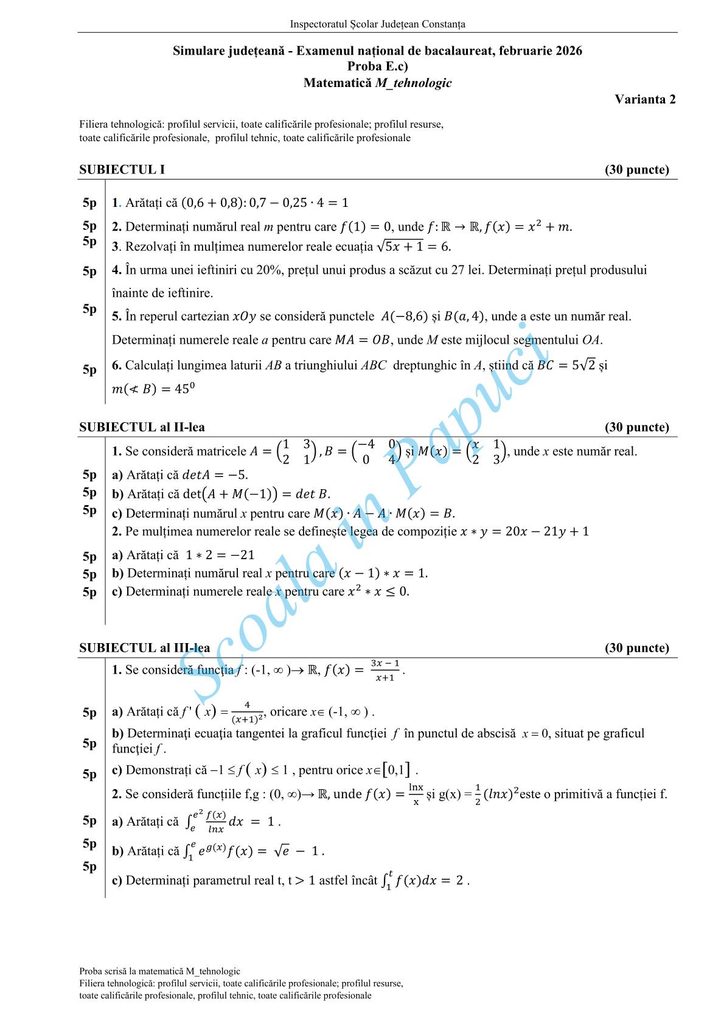 Subiect Simulare Bacalaureat 2026 - Matematică M_tehnologic - Varianta 2 - 12 Februarie 2026 - ISJ Constanța