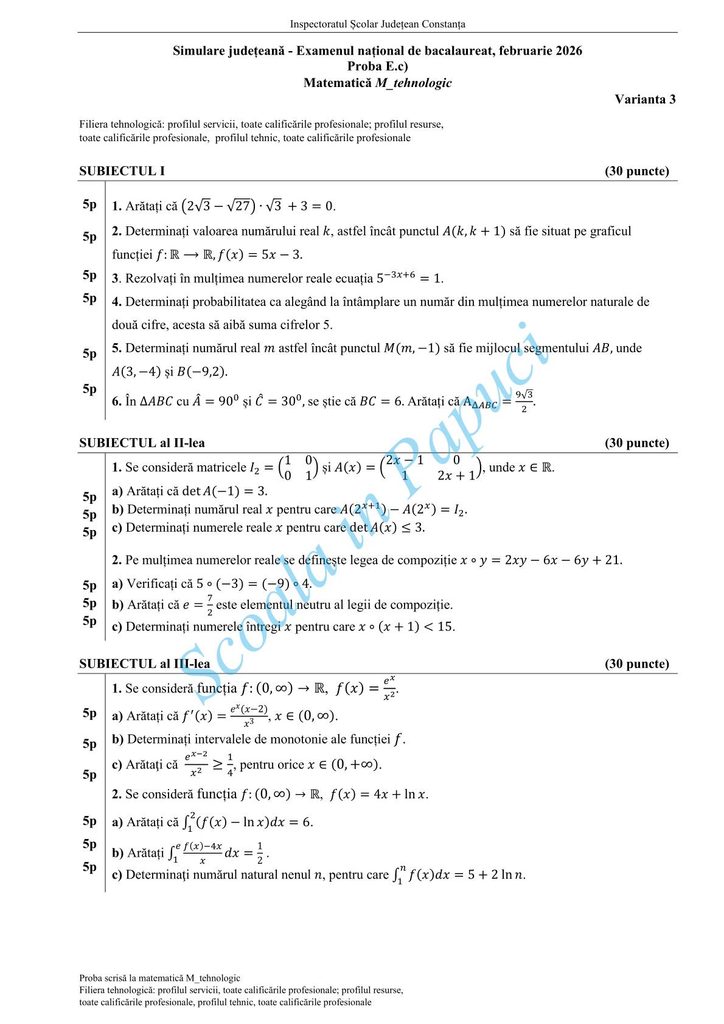 Subiect Simulare Bacalaureat 2026 - Matematică M_tehnologic - Varianta 3 - 12 Februarie 2026 - ISJ Constanța