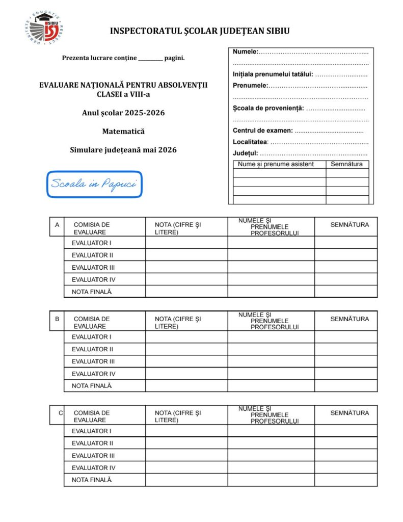 Simulare Evaluarea Națională 2026 - Matematică - 12 Mai 2026 - ISJ Sibiu - P1