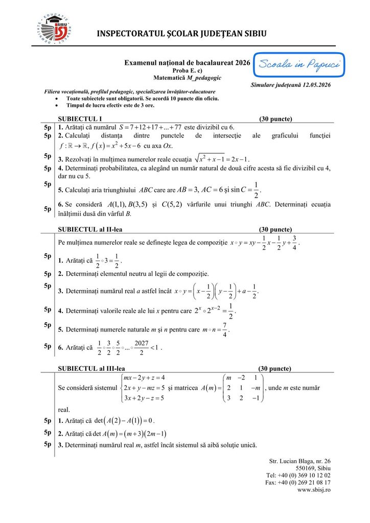 Subiect Simulare Bacalaureat 2026 - Matematică M_pedagogic - 12 Mai 2026 - ISJ Sibiu - P1