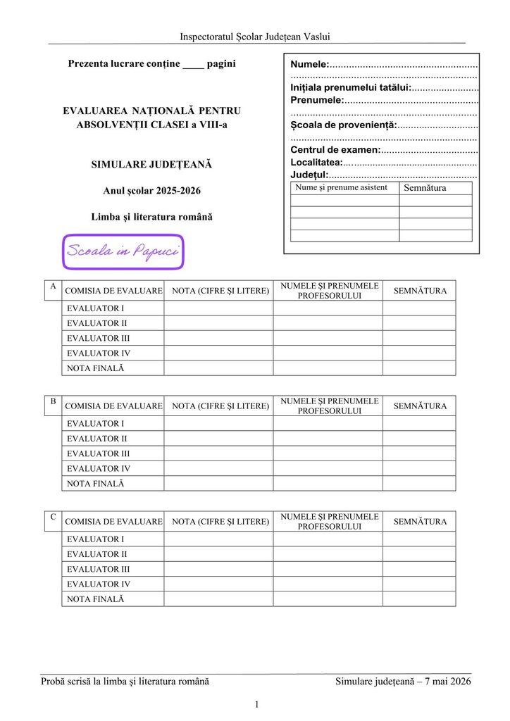 Simulare Evaluarea Națională 2026 - Limba și literatura română - 7 Mai 2026 - ISJ Vaslui - P1